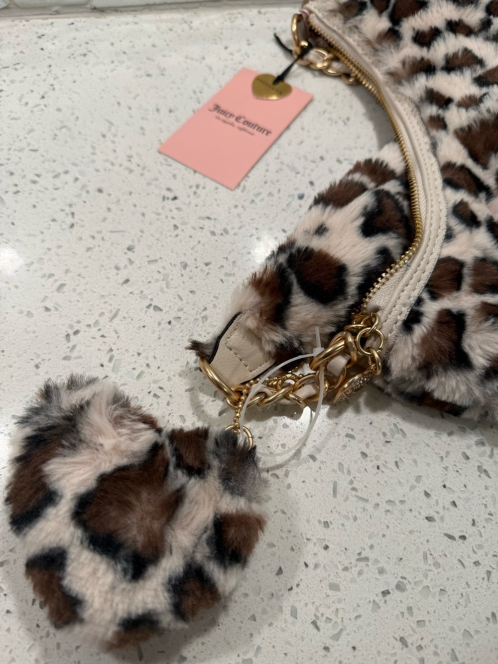 Juicy Couture Snow Leopard Love Fur Shoulder Bag Gold Trim NEW Fur Heart Charm - Picture 5 of 12